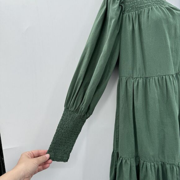 Pomander Place Ceci Mini Dress Size S Green Cotton Tiered Smocking V-Neck Lined - Picture 4 of 12